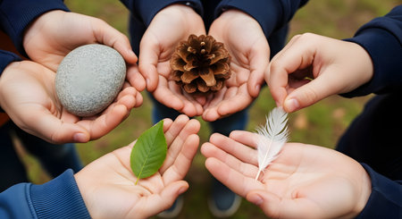 An overhead shot shows four sets of children's cupped hands, each holding a different natural object: a smooth grey stone, a pinecone, a green leaf, and a white feather. This image represents nature, exploration, learning, and childhood.の素材