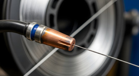 A macro, close-up shot of the copper nozzle of a MIG welding torch, with the welding wire feeding through the tip. A large spool of wire is visible and blurred in the background, representing industrial fabrication.の素材