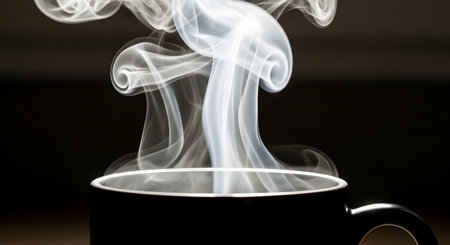An extreme close-up shot focusing on the intricate, swirling patterns of white steam rising from the rim of a black mug. The background is completely dark, highlighting the hot beverage's aroma and warmth.の素材