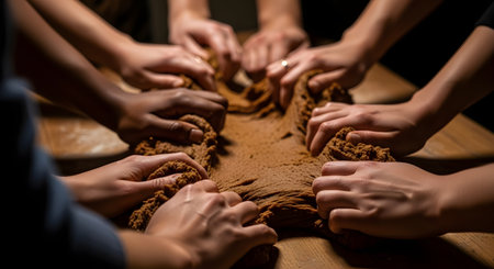 A close-up, dimly lit shot of numerous hands working together to knead a large piece of dark dough (like gingerbread or rye) on a wooden table. This represents teamwork, community, collaboration, and traditional baking.の素材