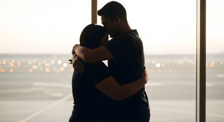 Silhouette of a loving couple hugging in the airport at sunsetの素材