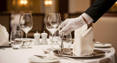 A waiter's hand, wearing a pristine white glove, carefully places a fork on an elegantly set formal dining table. The table is adorned with wine glasses, plates, and folded napkins in a luxury restaurant.の素材