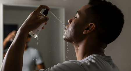 A young man in a bathroom sprays a facial mist or toner onto his face from a clear bottle. The water splashes on his skin, and his reflection is visible in the mirror. This represents men's skincare and grooming.の素材