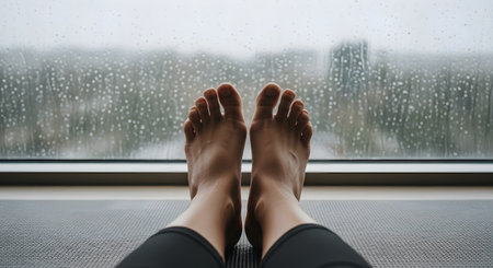 A first-person view of bare feet resting on a yoga mat, facing a large window covered in raindrops. The image evokes a sense of calm, relaxation, and indoor coziness during a rainy day.の素材