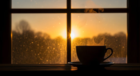 A silhouette of a steaming coffee mug on a saucer sits on a wooden sill in front of a window. Outside, a beautiful golden sunrise is visible, with rain droplets on the glass, creating a cozy and peaceful morning scene.の素材