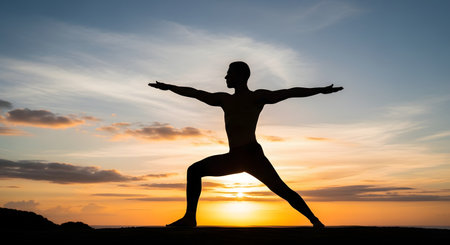 The silhouette of a man is captured against a vibrant orange and blue sunset over the ocean. He is standing in the Virabhadrasana II (Warrior II) yoga pose, with arms outstretched, embodying peace, strength, and mindfulness.の素材