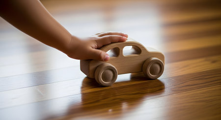 A close-up of a small child's hand pushing a simple, wooden toy car across a shiny, polished wooden floor. The image evokes nostalgia, childhood, and simple play.の素材