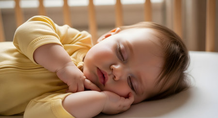 A close-up shot of an adorable baby in a yellow onesie, sleeping peacefully on its side in a crib. The baby's face is relaxed with eyes closed. This image represents infancy, innocence, rest, and childcare.の素材