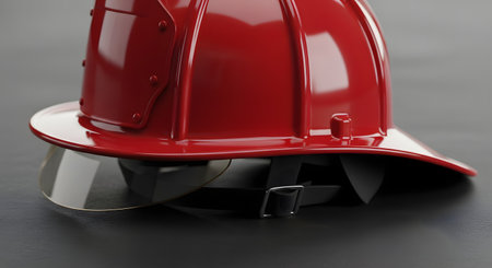 A close-up shot of a shiny, red firefighter helmet with a clear visor, resting on a dark surface. The helmet is a symbol of safety, protection, and emergency services.の素材
