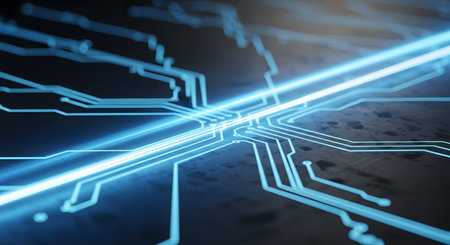 A futuristic, abstract image of a circuit board with glowing blue lines, representing data streams or energy, converging at a central point. The image symbolizes technology, data transfer, AI, and digital innovation.の素材