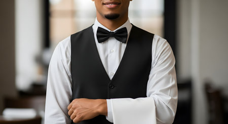 A close-up torso shot of a professional waiter wearing a crisp white shirt, black vest, and black bow tie. He holds a white napkin draped over his arm, standing in a restaurant. This image represents hospitality, fine dining, and professional service.の素材
