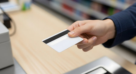 A close-up of a customer's hand holding a generic white credit card with a black magnetic stripe over a payment terminal at a checkout counter. The scene represents a financial transaction, shopping, and commerce in a retail environment.の素材