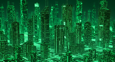 A futuristic, digital cityscape composed of skyscrapers that glow with a bright green light. The buildings are textured with intricate circuit board patterns, representing technology, data, or a metaverse.の素材