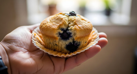 A close-up shot of a hand holding a delicious, golden-brown blueberry muffin in its paper liner, with a bite or piece broken off. The background is a softly blurred window, highlighting the homemade or bakery-fresh quality.の素材