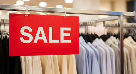 A red sign with the word 'SALE' in white letters hangs from a metal clothing rack in a retail store. Racks of shirts and other apparel are visible in the background, signifying a discount or promotion.の素材
