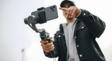 A low-angle shot of a young man, a vlogger or content creator, filming himself with a smartphone mounted on a handheld gimbal stabilizer. He is pointing at the screen, suggesting he is recording a video for social media or a blog.の素材