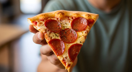 A close-up shot of a person's hand holding up a fresh, hot slice of pepperoni pizza. The pizza has melted cheese, tomato sauce, and is topped with several slices of pepperoni.の素材