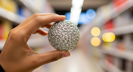 A person's hand holds up a sparkly, silver Christmas bauble decorated with jewels. The background is a blurred store aisle with bokeh lights, indicating holiday shopping.の素材