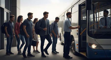 Group of young business people walking on the street in front of busの素材