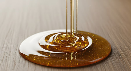 A close-up, macro shot of thick, golden honey or syrup being poured onto a wooden surface. The viscous liquid forms a glistening, reflective puddle with concentric rings, highlighting its sticky texture.の素材