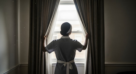 A view from behind of a hotel maid in a grey uniform and white head covering, opening the thick curtains of a window. She is letting bright light into an otherwise dark hotel room, symbolizing a new day or the start of housekeeping service.の素材