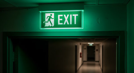 A bright green, illuminated emergency exit sign, showing a running figure and the word 'EXIT', is mounted above a doorway in a dark building. The sign lights the way down a long, dim, and empty corridor, representing safety, escape, and direction.の素材