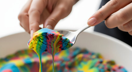 A close-up of hands holding a metal spoon, scooping up a pile of colorful, rainbow kinetic sand from a white bowl. The sand has a unique, 'melting' or 'dripping' texture, representing sensory play and satisfying textures.の素材