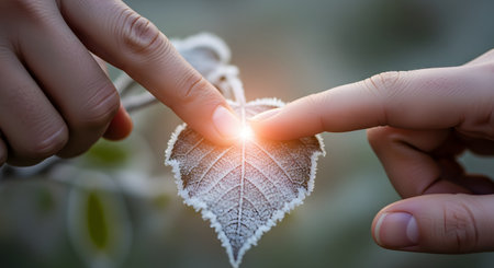 Two fingertips, one from each hand, gently touch a frost-covered leaf, creating a magical orange glow at the point of contact. The image evokes concepts of connection, nature, gentleness, and the cold beauty of winter.の素材