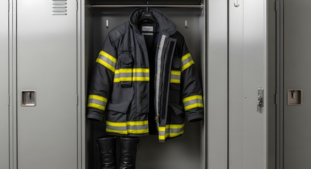 A firefighter's turnout jacket, with yellow reflective stripes, hangs inside an open grey metal locker. A pair of black boots sits on the floor of the locker, ready for an emergency.の素材