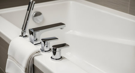 A close-up of a modern, minimalist bathroom, showcasing a sleek chrome faucet, spout, and handheld showerhead. A clean white towel is folded on the edge of the white rectangular bathtub.の素材