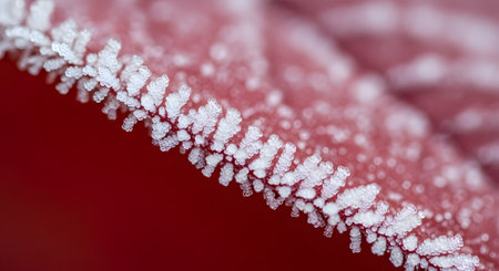 A stunning macro photograph captures intricate white ice crystals of frost forming on the edge of a vibrant red leaf. The image highlights the beauty of nature in winter, cold temperatures, and crystalline structures.の素材