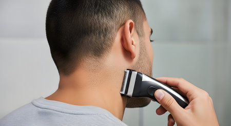 An over-the-shoulder view of a man with a short haircut using a black electric razor or trimmer to shave the back of his neck. He is maintaining his haircut and grooming.の素材
