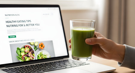 A person holds a glass of green smoothie while sitting at a desk in front of a laptop. The laptop screen displays a 'Nutrition Blog' with articles on healthy eating, illustrating concepts of health, wellness, and online research.の素材