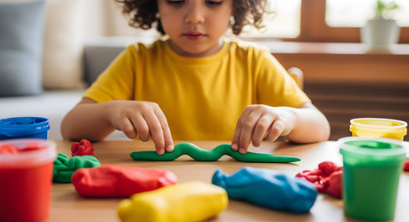 A young child with curly hair, wearing a yellow shirt, sits at a wooden table, focused on rolling a piece of green play dough. Several other colors of dough and containers are scattered on the table, indicating creative play.の素材