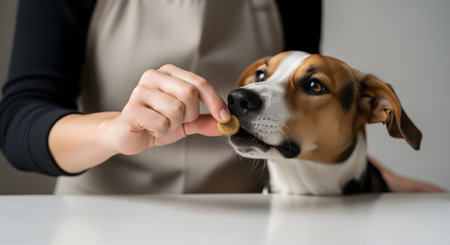 A close-up shot of a person's hand, wearing an apron, giving a small, round treat to an eager Beagle dog. The dog is looking at the treat, about to take it, over a white table surface.の素材
