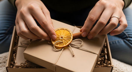 A close-up of a person's hands decorating a brown cardboard gift box. The box is tied with natural twine, and the person is adding a dried orange slice and a cinnamon stick as rustic, eco-friendly decoration.の素材
