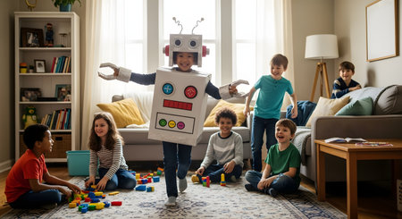 A happy child wearing a homemade cardboard robot costume plays in a living room while a diverse group of friends watches, laughing and smiling. The scene is filled with toys, representing imagination, creativity, and childhood play.の素材