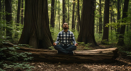 A man wearing a plaid shirt sits in a yoga lotus position on a large, fallen log in the middle of a tranquil forest. He has his eyes closed in meditation, surrounded by tall trees and green foliage, embodying peace and mindfulness.の素材