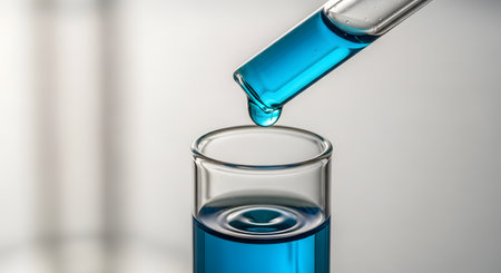 A macro close-up shows a glass pipette dripping a single drop of blue liquid into a glass test tube, which already contains some of the same fluid. The image, set in a bright lab, represents science, chemistry, and research.の素材