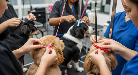 A group of professional dog groomers in a salon are putting colorful bows on several well-groomed dogs, including golden retrievers and a bernese mountain dog. The scene shows the final touches of a pet grooming service, highlighting care and pampering.の素材