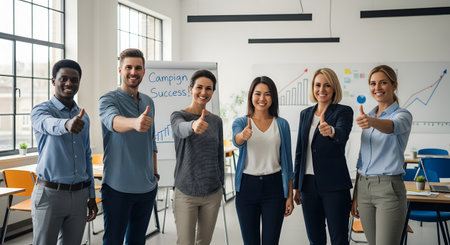 A diverse group of six smiling business professionals stands in a modern office, all giving a thumbs-up gesture. A whiteboard in the background says 'Campaign Success!' and shows a rising graph.の素材
