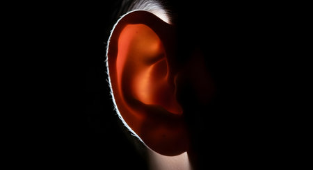 A dramatic close-up of a human ear in silhouette, strongly backlit with a warm, orange glow that highlights the rim and translucent cartilage against a pure black background. This image evokes concepts of listening, hearing, and secrets.の素材