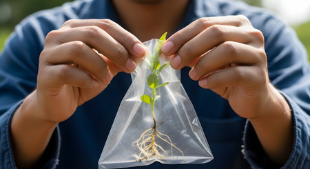 Close-up of a person's hands holding a small plant seedling with visible roots and soil inside a clear plastic bag. The background is a blurred green outdoor setting, suggesting agriculture, gardening, or environmental conservation.の素材
