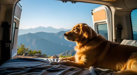 A beautiful golden retriever dog lies on a bed inside a camper van, looking out the open back doors at a stunning mountain landscape. The scene evokes travel, adventure, and the van life with a pet.の素材