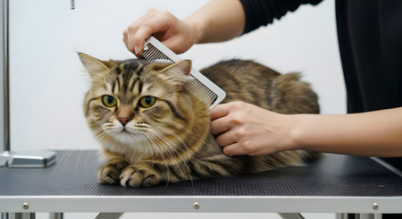 A fluffy, long-haired brown tabby cat (possibly a Scottish Fold or British Shorthair) lies on a professional grooming table. A groomer's hands are shown combing the cat's fur with a metal comb. The cat looks calm, representing pet care and grooming.の素材