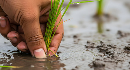 A close-up, macro shot of a farmer's hand planting young, green rice seedlings into the mud of a wet paddy field. This image captures the manual labor, agriculture, and tradition of rice farming, especially in Asia.の素材