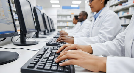 A line of medical professionals or pharmacists in white lab coats sitting at a long desk, working on computers. The focus is on the foreground hands typing on a keyboard, with the row of people extending into the blurred background.の素材