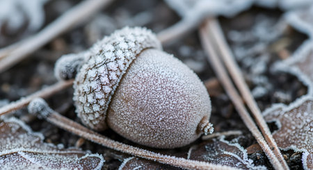 A macro close-up captures a single acorn lying on the forest floor, its surface and cap delicately covered in white ice crystals from the morning frost. The image evokes the cold, quiet beauty of late autumn or early winter.の素材