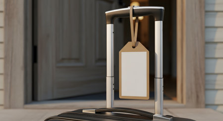 A black suitcase with a blank luggage tag attached to its handle stands in an open doorway, ready for travel. The image evokes concepts of leaving home, vacation, a journey, and new beginnings, with copy space on the tag.の素材