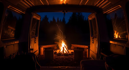 A cozy view from inside the open back of a van, looking out at a bonfire crackling in the dark. Wooden logs are set up as benches around the fire, with a forest of pine trees visible in the background.の素材